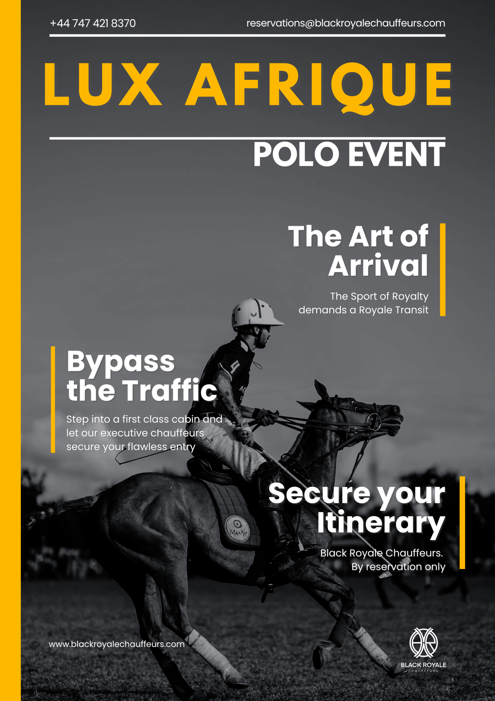 Lux Afrique Polo Event chauffeur service by Black Royale Chauffeurs. Hurtwood Park Polo Club, Ewhurst Surrey 24 to 26 July 2026