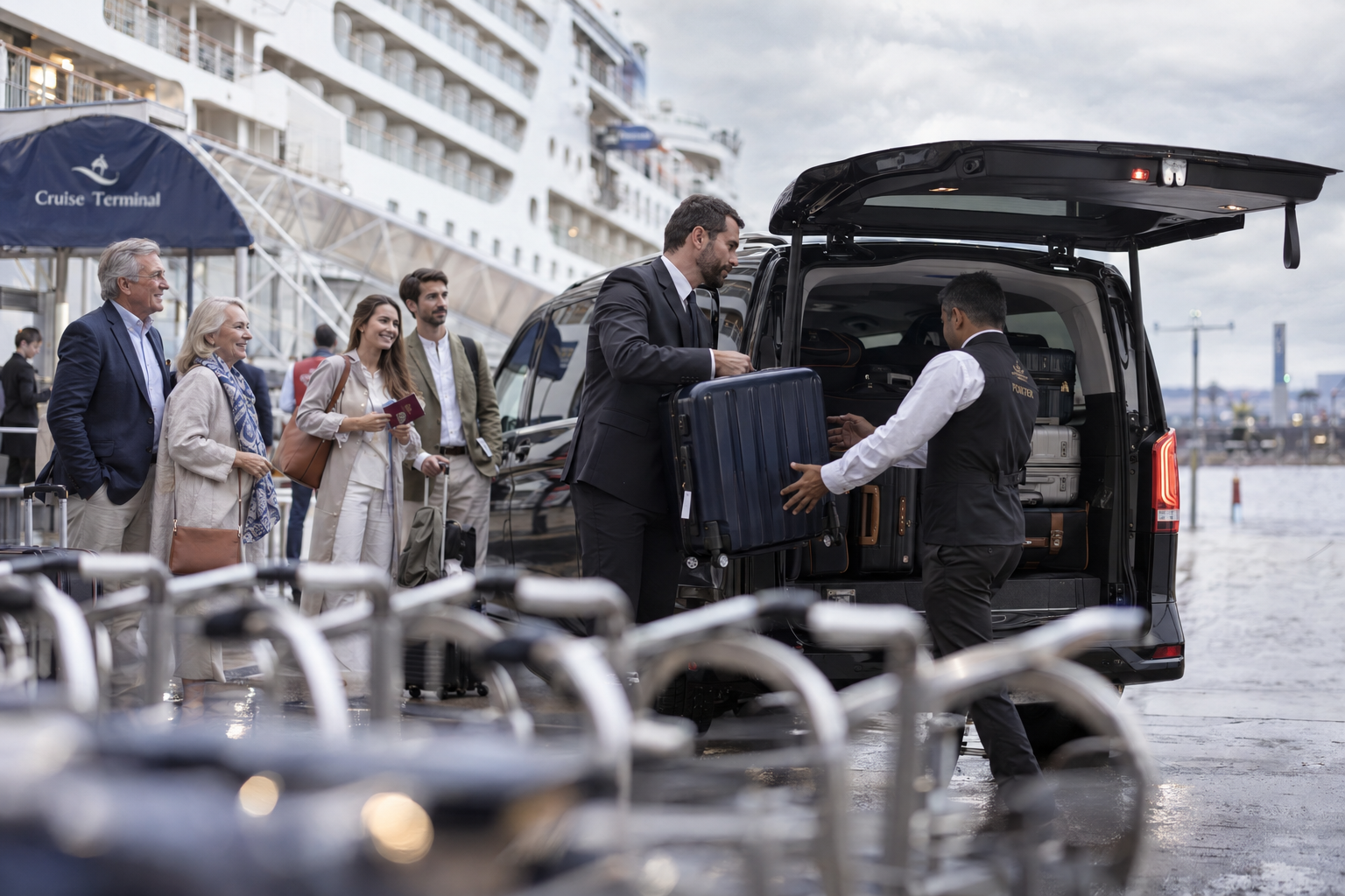 Chauffeur handing cruise luggage to a porter at a Southampton cruise terminal