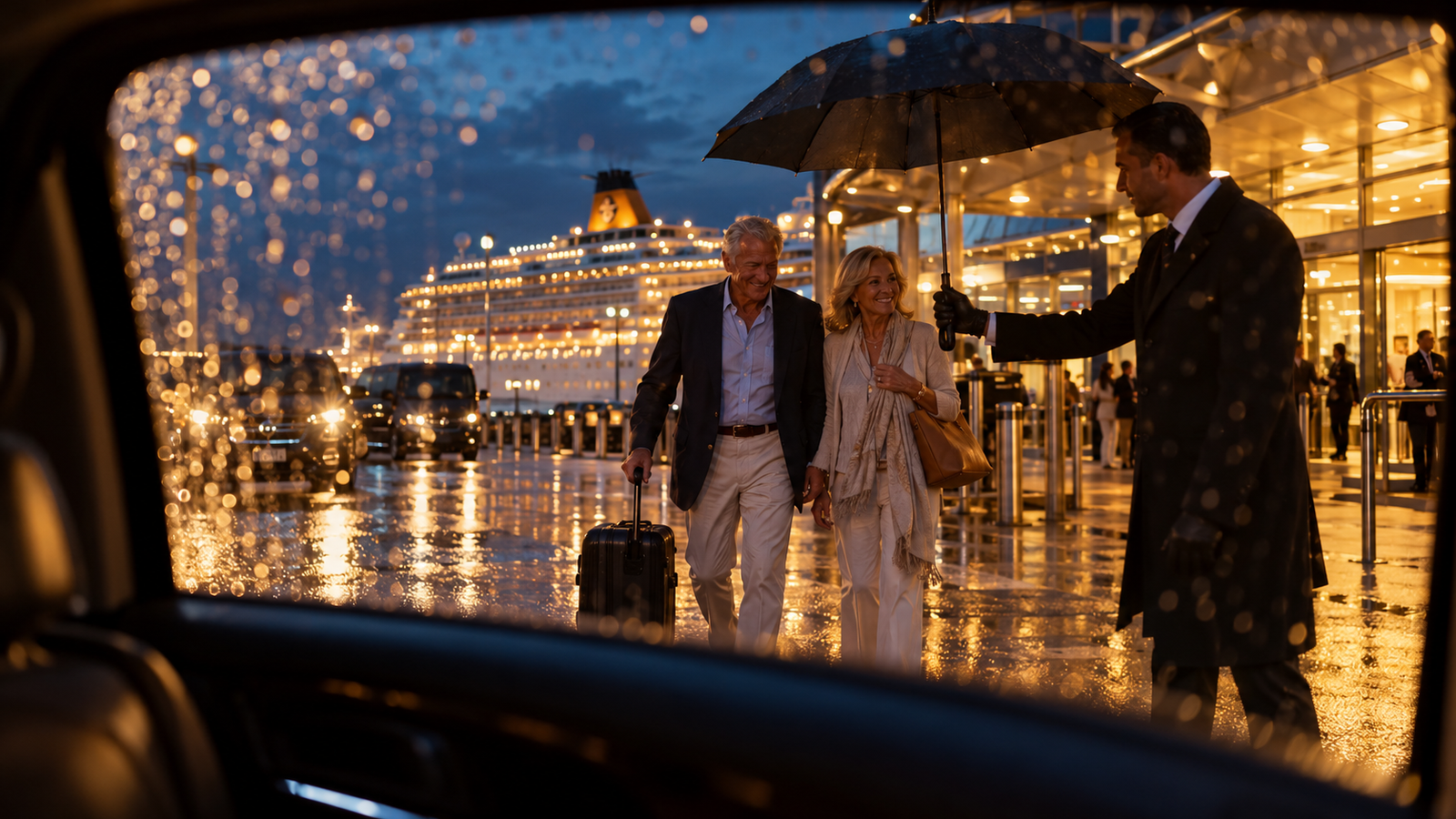 Chauffeur collecting returning cruise passengers at Southampton at dusk