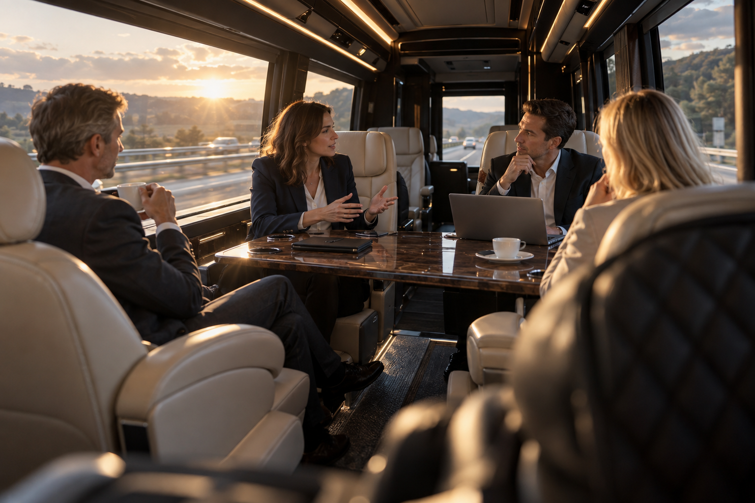 Corporate delegation working around a table inside a VIP executive coach
