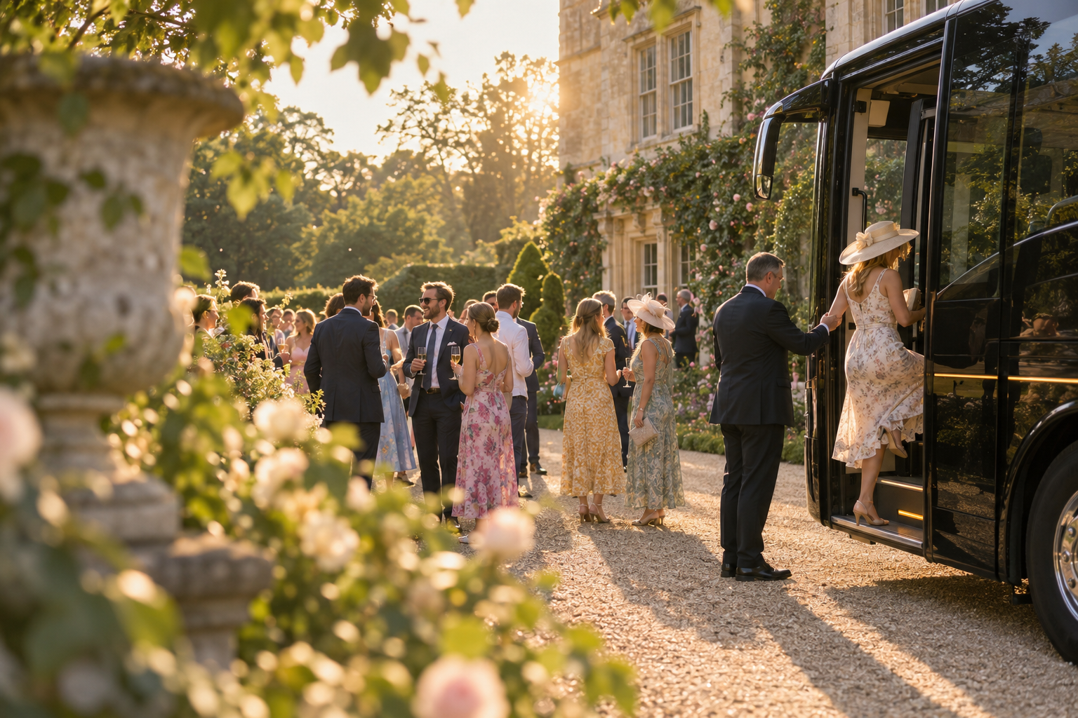 Wedding guests boarding a black executive coach at a country house