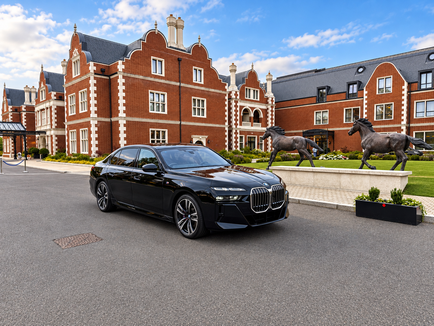 Black Royale Chauffeurs BMW 7 Series outside Fairmont Windsor Park near Windsor