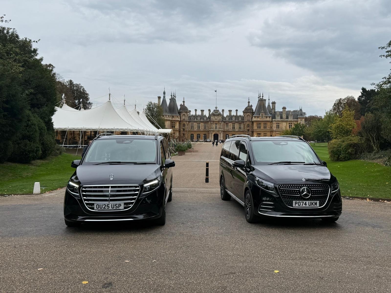 Chauffeur cars at a countryside event venue