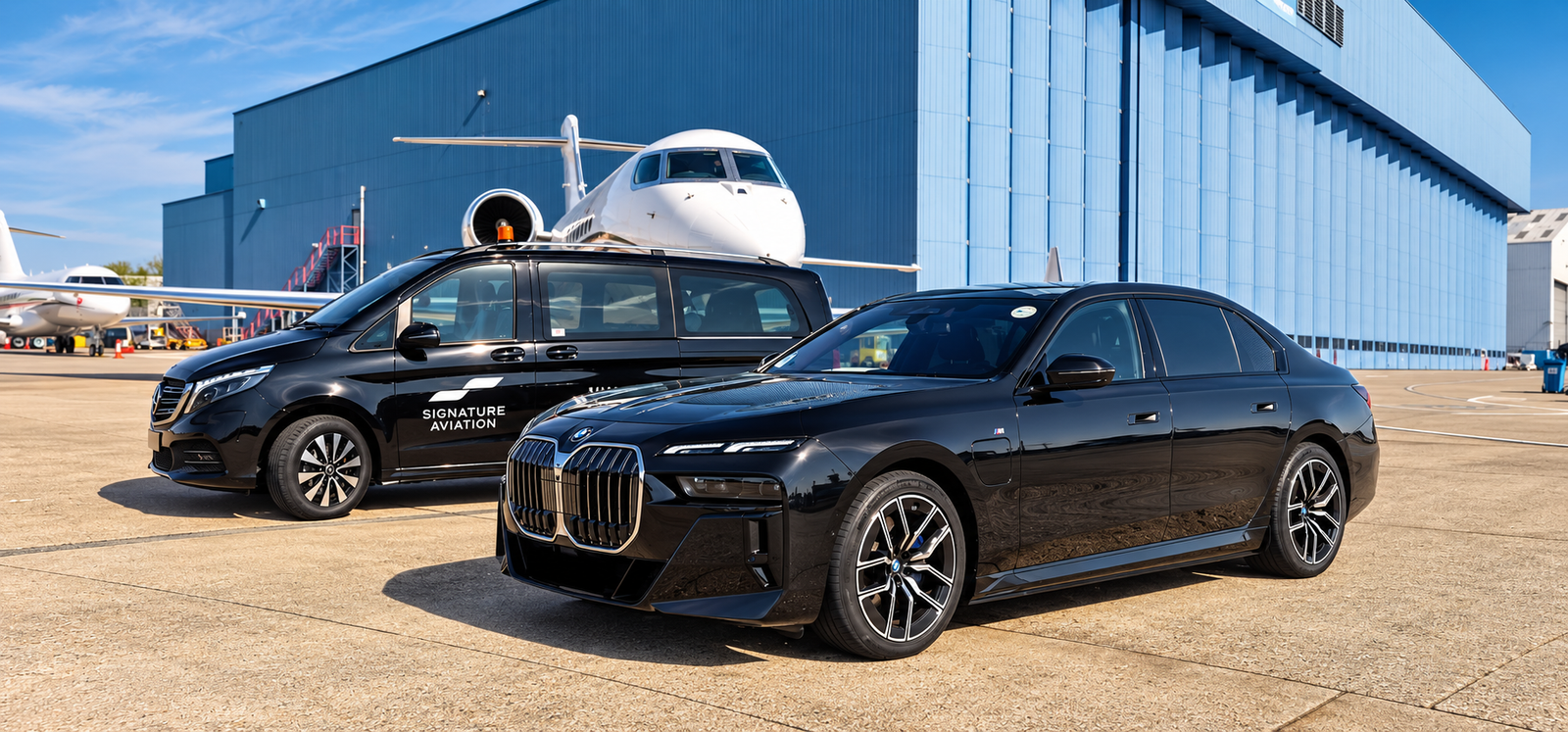 Black Royale chauffeur cars beside a private jet on the apron