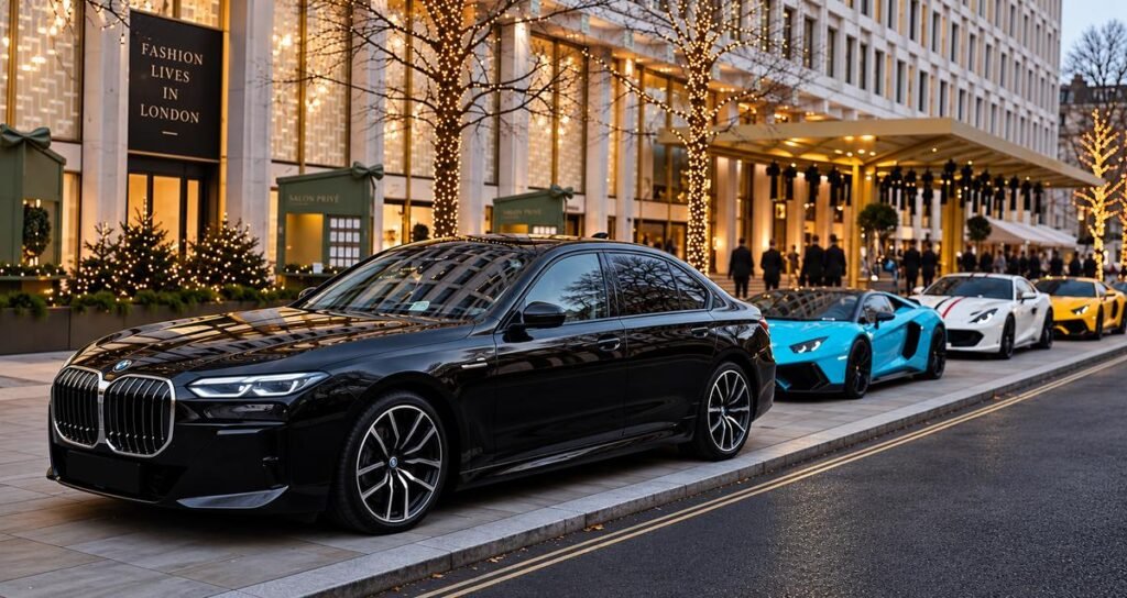 Black BMW 7 Series chauffeur car outside a London Fashion Week venue