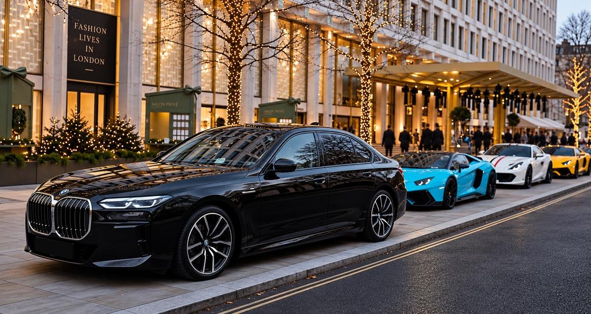 Black BMW 7 Series chauffeur car outside a London Fashion Week venue