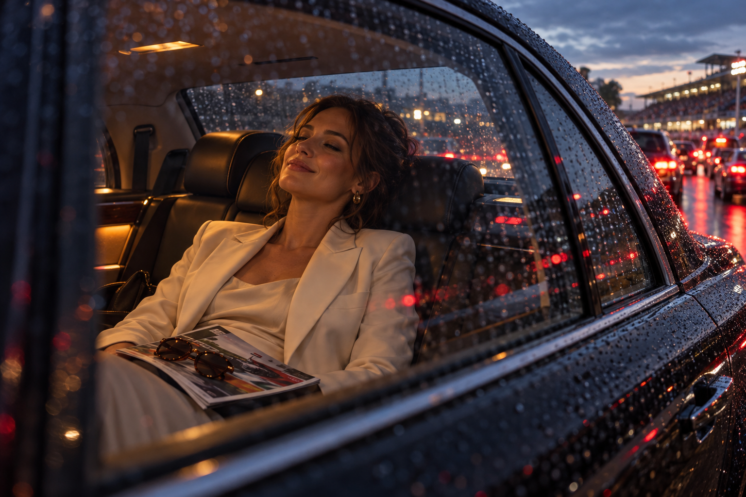 Race-day client relaxing in the rear of a chauffeur car after the Grand Prix