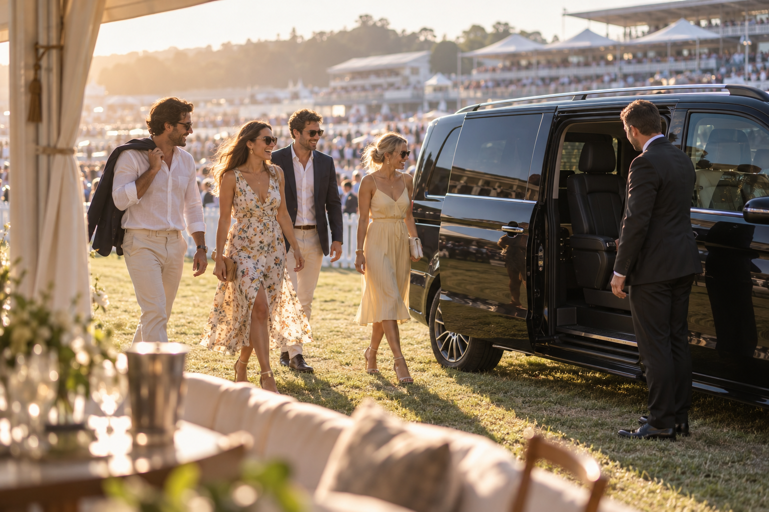 Friends walking to a chauffeur-driven Mercedes V-Class at a race-day hospitality area