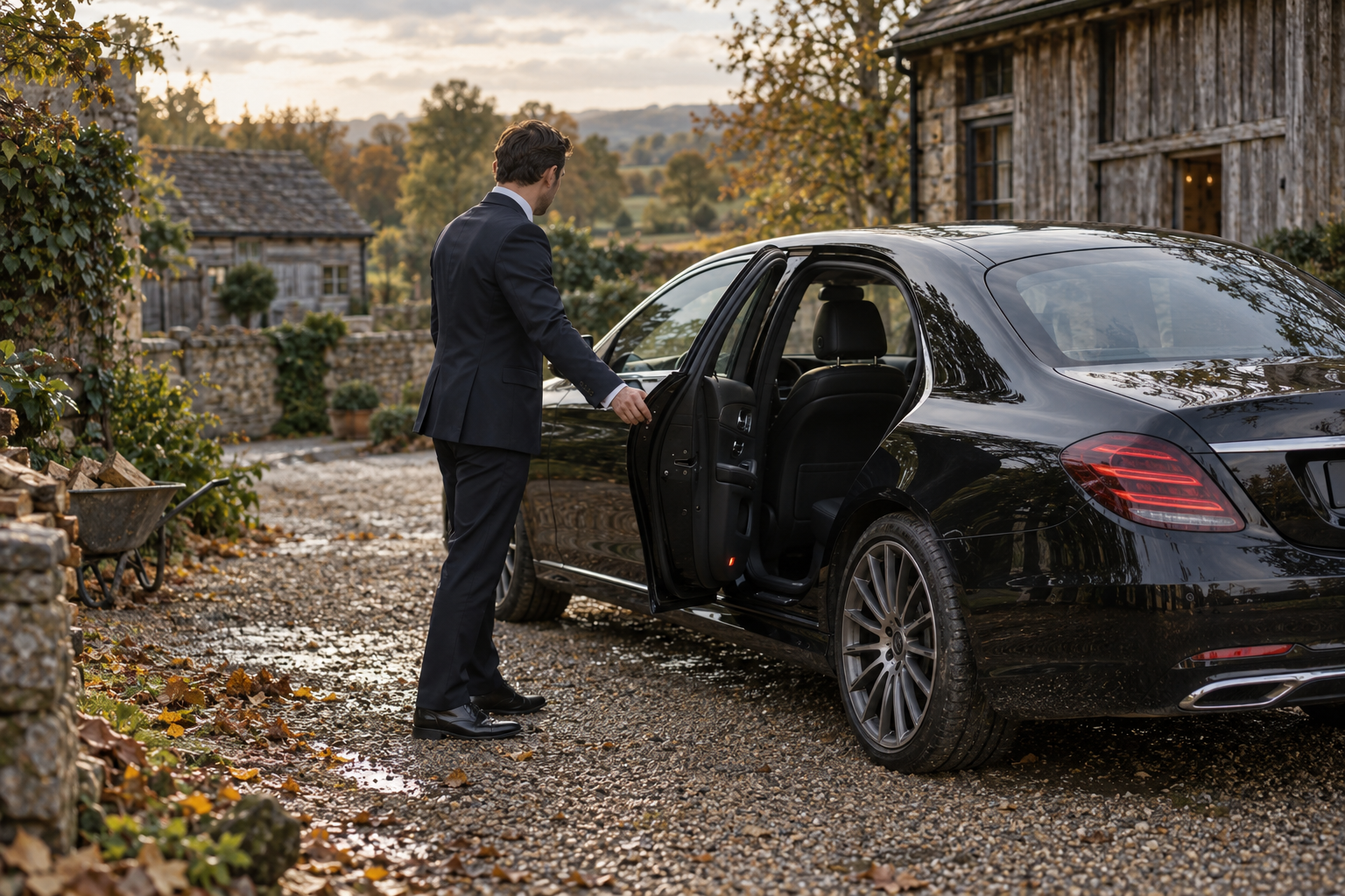 Chauffeur opening the rear door of a black Mercedes S-Class at a countryside retreat