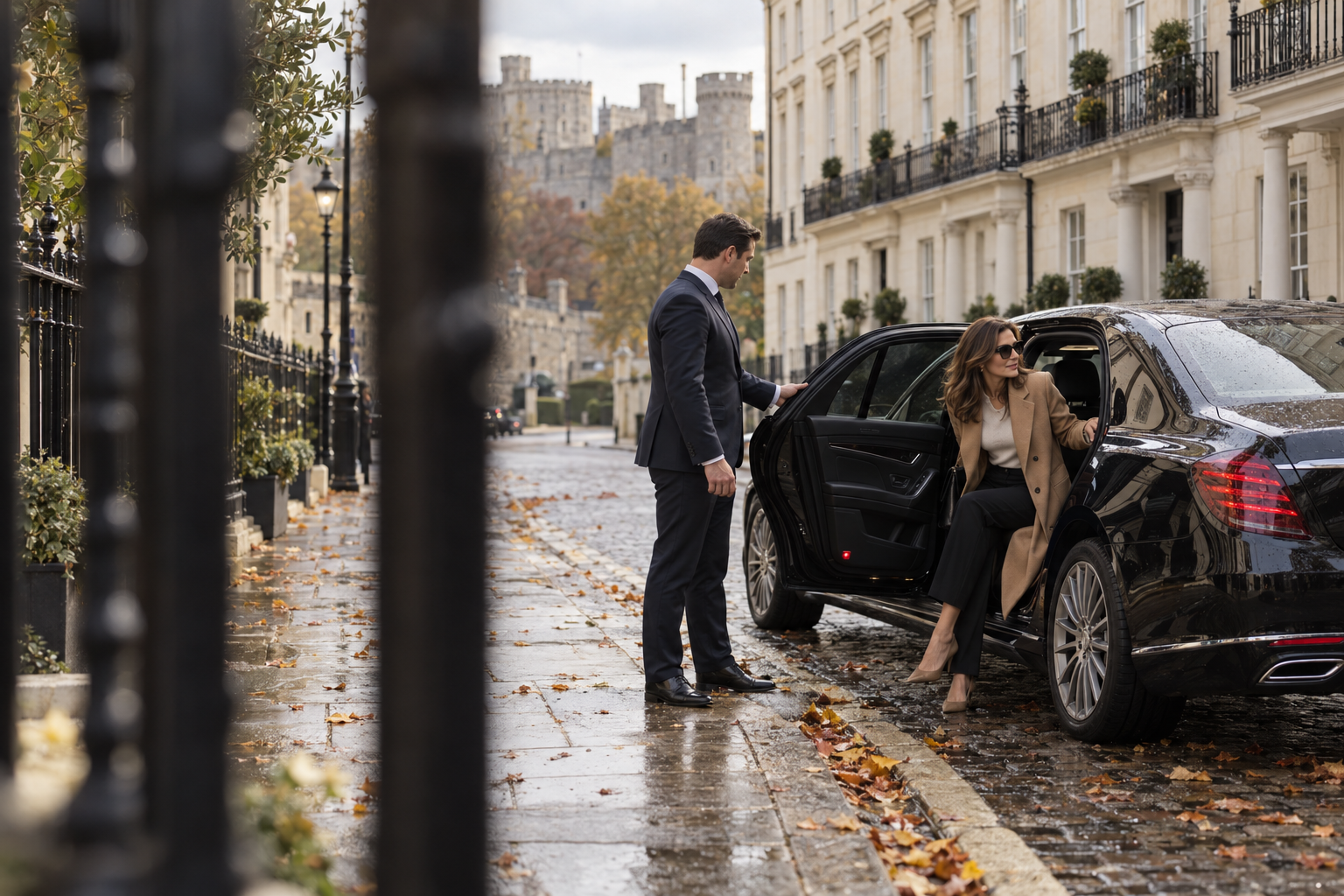 Chauffeur opening the rear door for a client on a cobbled street in Windsor