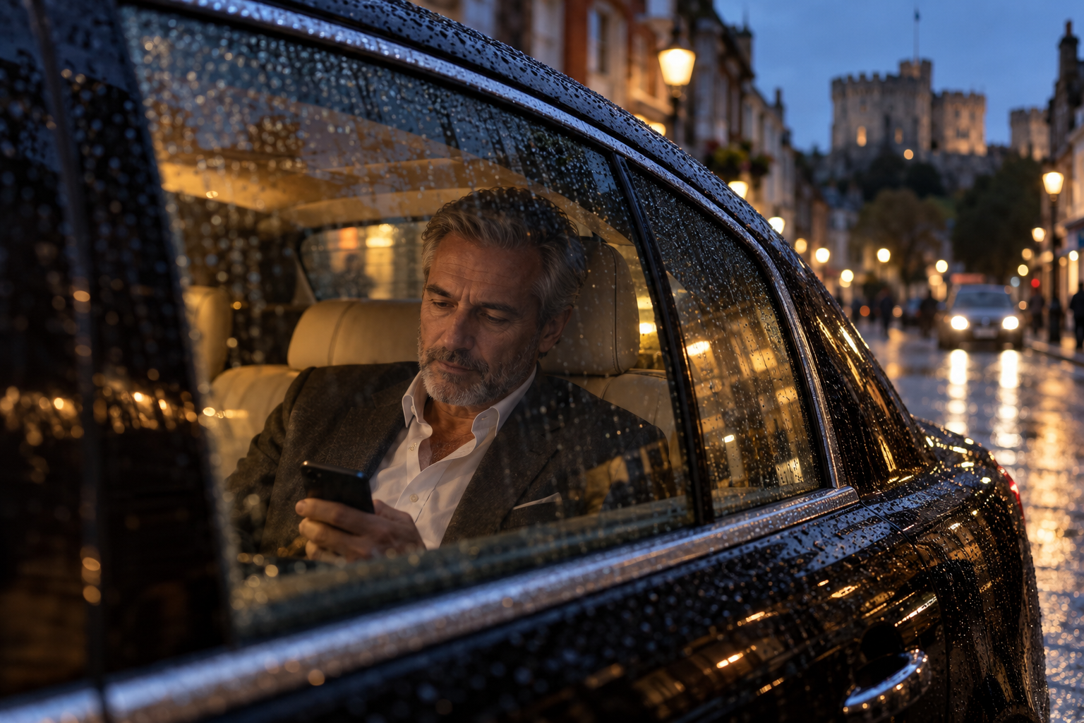Client in the rear seat of a chauffeur car at blue hour