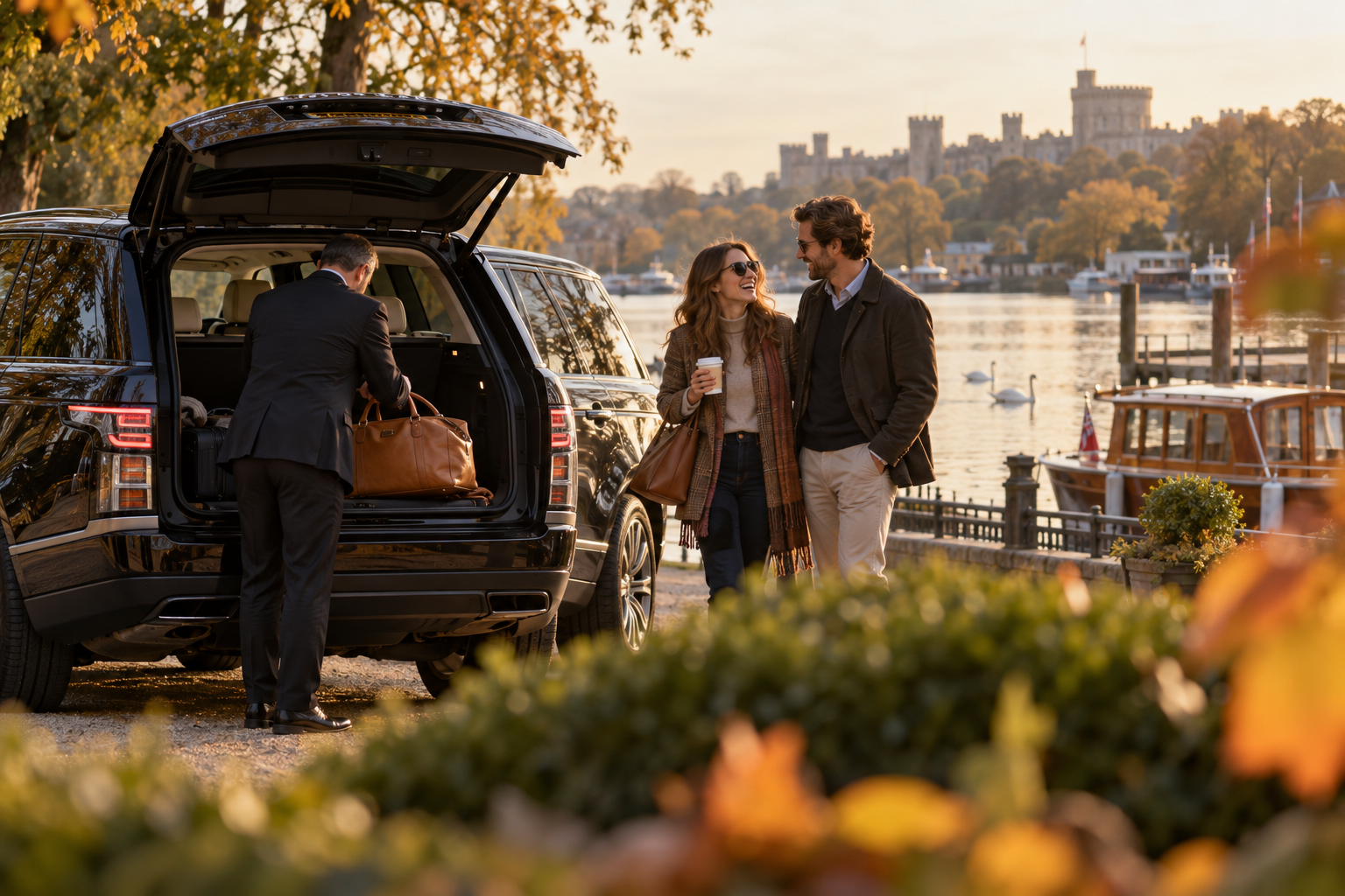 Chauffeur loading luggage into a Range Rover beside the Thames near Windsor