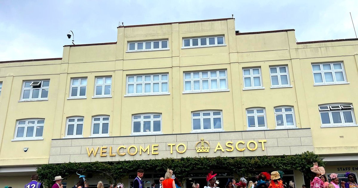 Welcome to Ascot entrance grandstand at Royal Ascot in Berkshire.